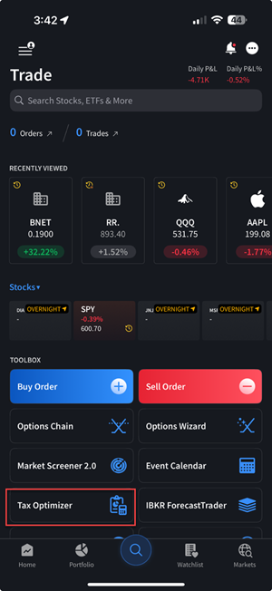 The trade tax optimizer menu on the iPhone. 